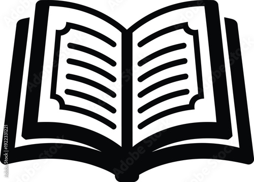 Open holy book icon, black and white illustration with decorative borders and text lines