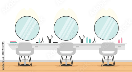 A clean hair salon interior with styling chairs mirrors counter organized workspace bright lighting minimal vector illustration flat design uncluttered composition