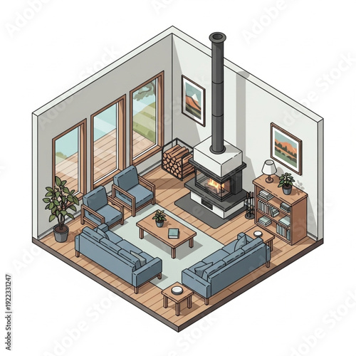 Cozy living room with fireplace and modern furniture in isometric view.
