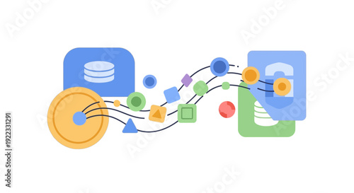 Secure Data Flow and Digital Transaction Processing. Abstract concept of financial security, database transfer, blockchain technology, and asset protection.