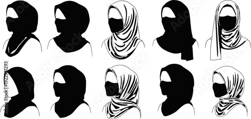 Variety of traditional Muslim women's headscarves and face coverings
