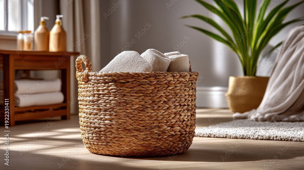 Fototapeta premium Woven Wicker Basket with White Towels in Sunny Minimalist Room