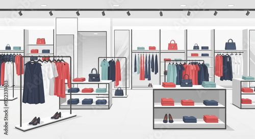A modern clothing store interior with garment racks display shelves clean floor bright lighting organized layout minimal vector illustration flat design uncluttered composition