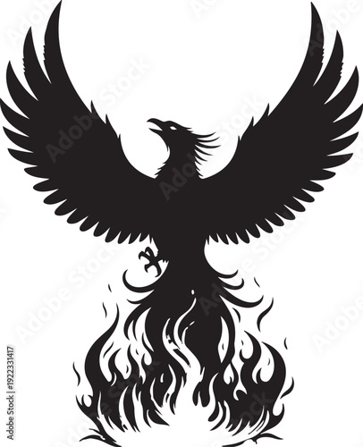 A black silhouette of a phoenix rising from the flames isolated on transparent background, Vector