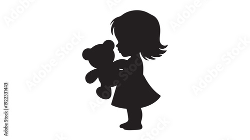 Little girl holding teddy bear in silhouette with soft gentle mood in black and white vector illustration for childrens products