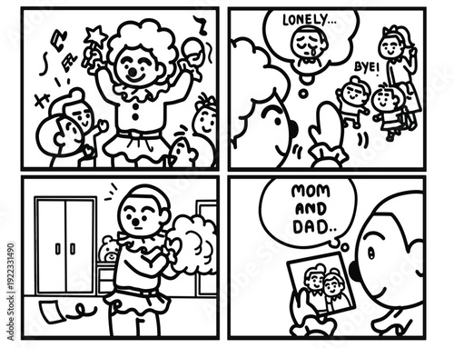 The clown's hidden loneliness Story Telling Coloring Pages Style.