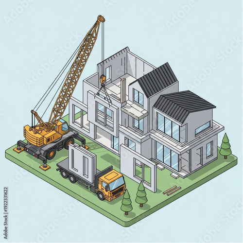 Isometric illustration of a house under construction with crane and trucks.