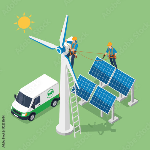 Workers Installing Solar Panels and Wind Turbine.