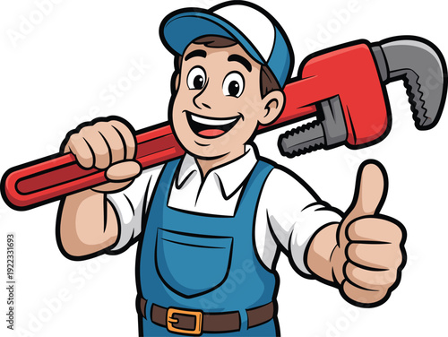 Cartoon plumber character illustration, professional tradesperson artwork, handyman mascot design, plumbing service concept, cheerful worker with wrench, thumbs‑up pose