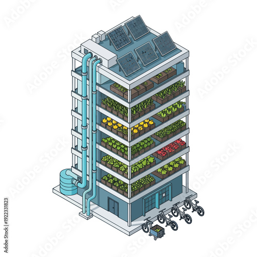Vertical Farm Building with Crops and Bicycles.