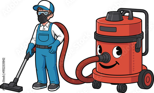 Cartoon professional cleaner wearing protective mask and safety goggles standing beside large friendly red smiling industrial vacuum cleaner vector illustration