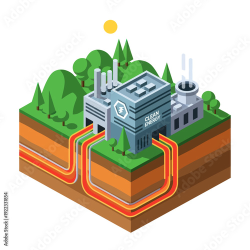 Geothermal Power Plant Illustration with Underground Pipes.