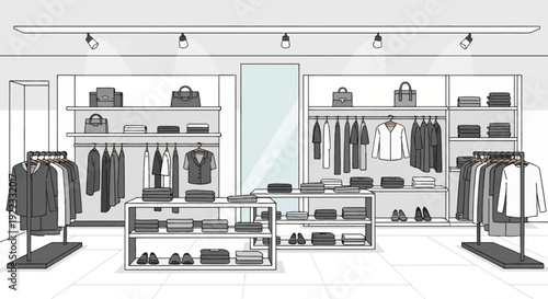 modern clothing store with neatly arranged racks and shelves showcasing a variety of colorful clothing, including shirts, dresses, and accessories, creating a stylish and organized shopping experience