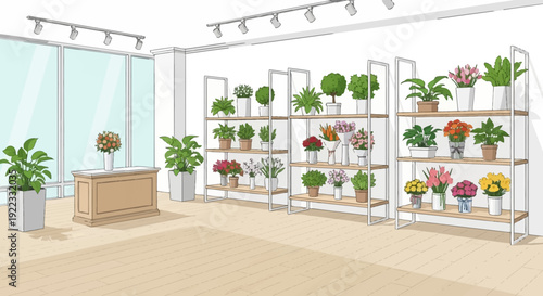 A beautiful flower shop interior with plant displays shelves clean floor bright lighting organized layout minimal vector illustration flat design uncluttered composition