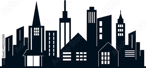 City skyline silhouette with various buildings and skyscrapers. Concept of urban landscape, architecture, and metropolis