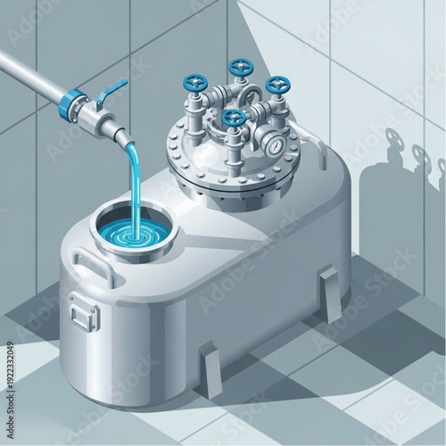 Industrial water tank with pipe and valves in a tiled room.