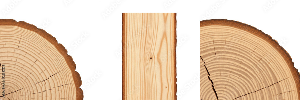 Naklejka premium Set of wood cross sections and timber plank showing annual tree rings and texture isolated on white