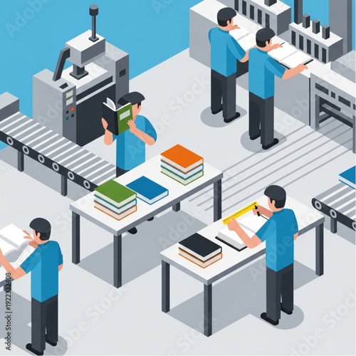 Workers in a modern factory assembling and inspecting books on production lines.