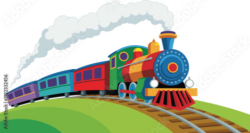 Colorful, cartoon, steam, train, locomotive, traveling, on, railway, tracks, over, green, hills, puffing, white, smoke, cute, toy, transportation, vector, illustration