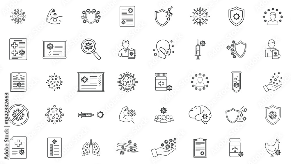 Fototapeta premium Immunity and Vaccination Icon Set – Virus, Antibody, Shield and Medical Protection Vector Collection