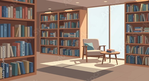 A quiet bookstore interior with tall bookshelves organized books reading area clean floor soft lighting minimal vector illustration flat design uncluttered composition