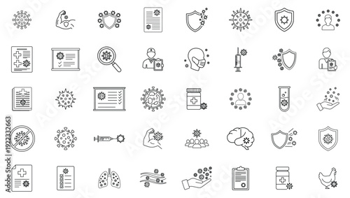 Immunity and Vaccination Icon Set – Virus, Antibody, Shield and Medical Protection Vector Collection