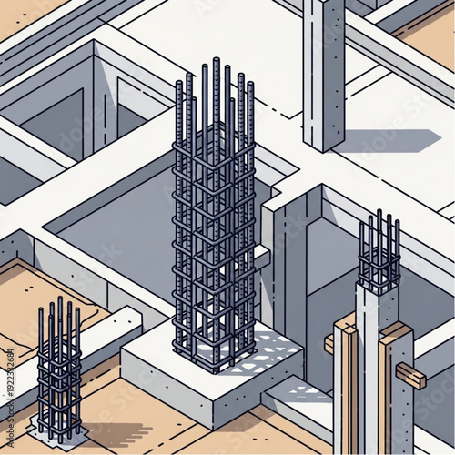 Isometric illustration of a construction site with rebar columns.