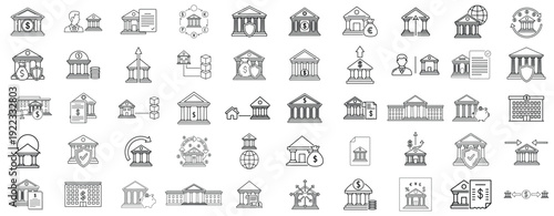 Bank, Government and Museum Building Icons – Outline and Solid Classical Architecture Vector Set