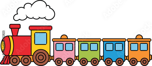 Cute colorful cartoon toy steam train locomotive with red engine puffing white smoke pulling pink green blue orange passenger cars