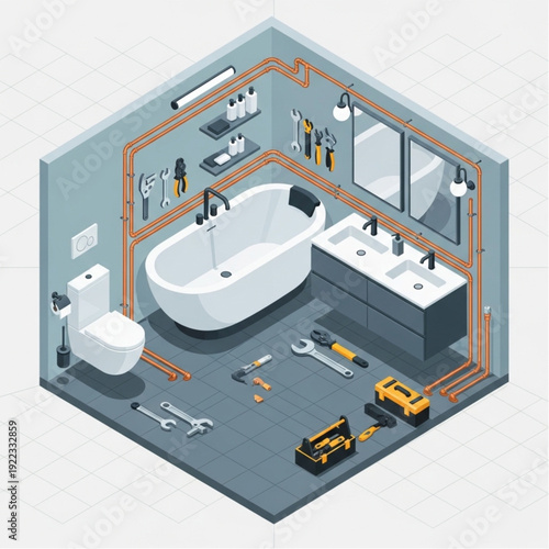 Isometric Bathroom Renovation Scene with Tools and Fixtures.