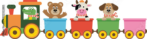 Cute colorful cartoon toy train carrying happy animal characters including a crocodile bear cow and smiling dog art vector illustration
