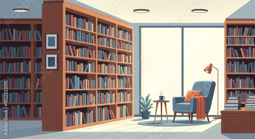 A cozy reading nook inside a modern library, featuring bookshelves filled with books, a comfortable armchair, a small table with a few books, and natural light streaming through large windows