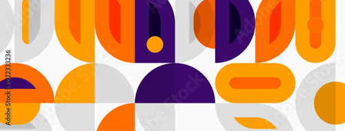 Abstract geometric pattern. Orange, purple, gray shapes overlap creating midcentury modern aesthetic. Simple design, clean lines.
