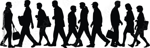 Detailed black silhouettes of diverse everyday people walking together in a busy crowd isolated on white background vector illustration design