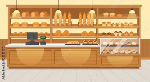 A traditional bakery interior with bread display shelves wooden counter clean floor warm lighting organized layout minimal vector illustration flat design uncluttered composition