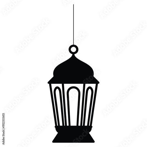 Hanging Lantern Silhouette. Black Decorative Icon with Domed Top and Panels for Cultural and Festive Traditional Lighting Design