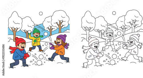 Winter snowball fight illustration featuring happy kids playing in snow. Colorful cartoon and black and white outline version for coloring book page.