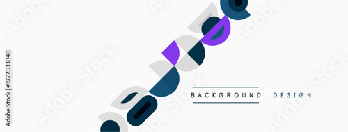 Abstract design features overlapping shapes, text elements. Minimalist style with cool color palette. Background suggests modern aesthetic.