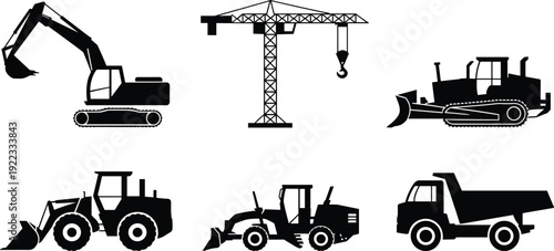 Set of heavy construction machinery silhouettes, excavator crane bulldozer and dump truck, black and white vector illustration, isolated white background.