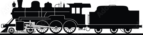 Silhouette of an old vintage steam locomotive train with tender, black and white vector illustration, side view profile, isolated background.