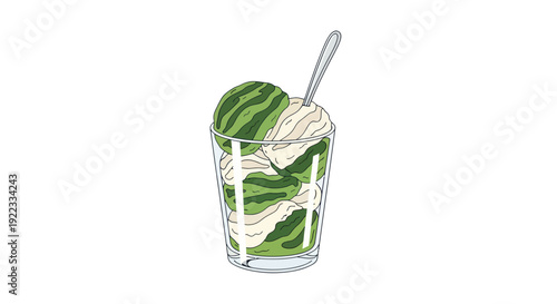 Refreshing Watermelon Ice Cream Parfait in Glass with Spoon Illustration.