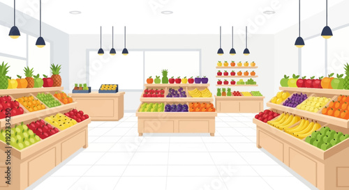 A fresh and vibrant fruit market with neatly organized wooden crates filled with a colorful variety of fruits, including apples, bananas, oranges, and grapes, creating a lively and inviting atmosphere
