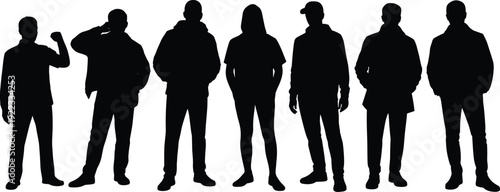 Silhouettes of seven casual men standing in a row, black and white vector illustration, group of people, isolated white background.
