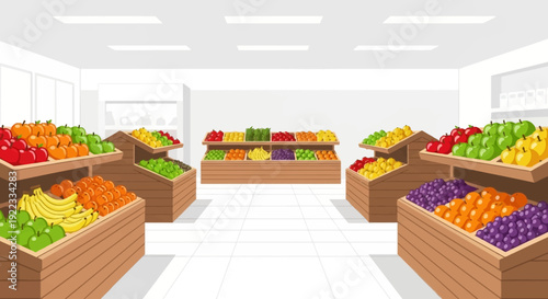 A fresh and vibrant fruit market with neatly organized wooden crates filled with a colorful variety of fruits, including apples, bananas, oranges, and grapes, creating a lively and inviting atmosphere
