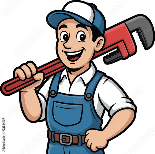 Smiling cartoon plumber mascot wearing blue overalls and a cap, holding a large red pipe wrench, isolated on white background.