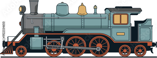 Vintage steam locomotive illustration, classic railway transport, antique train design, retro engineering artwork, historical rail journey, heritage travel concept, passenger engine
