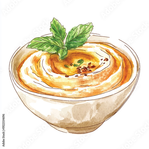 Watercolor Illustration of Creamy Hummus with Fresh Mint Garnish and Spices