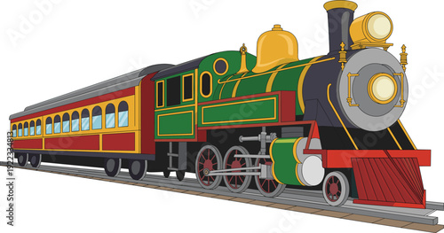 Vintage steam locomotive with passenger car, ornate railway transport illustration, antique train design, retro engineering artwork, historical rail journey concept