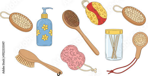 Bath and Body Care Vector Illustration Set with Wooden Brushes Sponge Liquid Soap and Cotton Swabs Isolated on White Background
