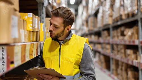 Man in yellow vest inspects shipment box while taking notes in a busy warehouse during daytime